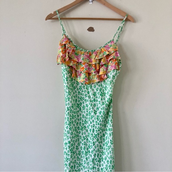 Rixo x Target Green and White Leopard Print Midi Dress With Ruffle Detail SZ S - Picture 3 of 9